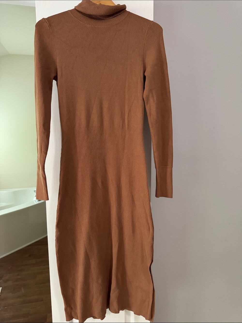 Elie Tahari Ribbed Brown Turtleneck Knit Midi Dress